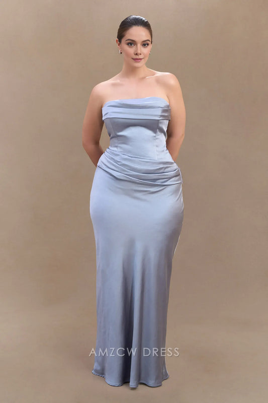 Amzcw Elegant prom clothes Plus Size Strapless Satin Maxi Dress - Frosted Blue Floor Length formal hot sale for women