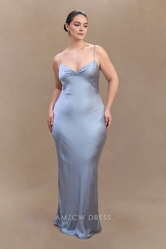 Amzcw Elegant prom clothes Plus Size Sweetheart Satin Maxi Dress - Frosted Blue Floor Length formal hot sale for women