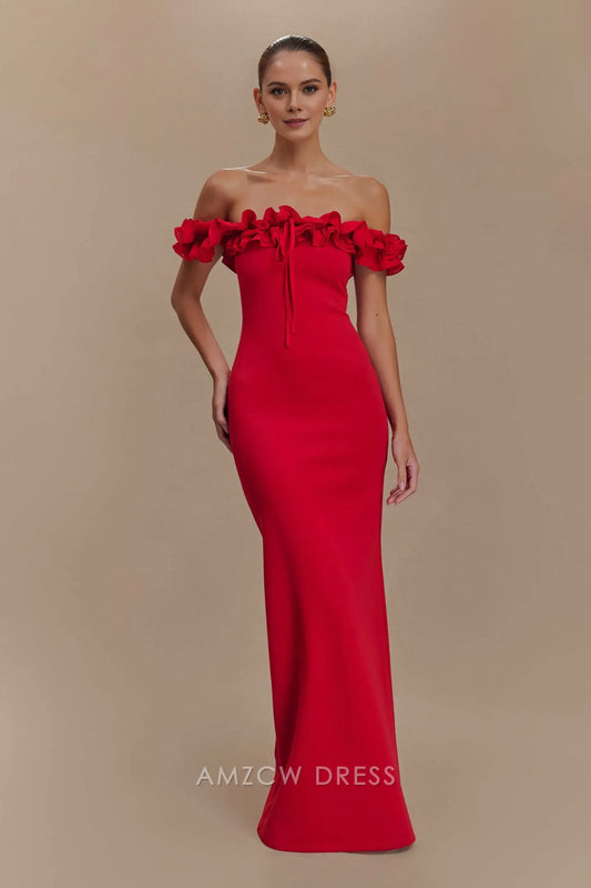 Amzcw Elegant prom clothes Ruffle Off Shoulder Maxi Dress - Ruby Floor Length formal hot sale for women