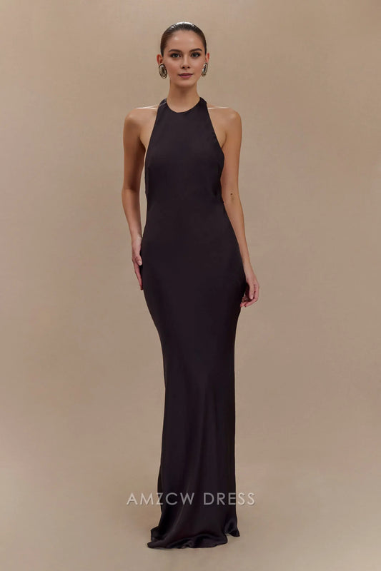 Amzcw Elegant prom clothes Satin Halter Maxi Dress - Black Floor Length formal hot sale for women