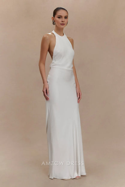 Amzcw Elegant prom clothes Satin Halter Maxi Dress - Ivory Floor Length formal hot sale for women