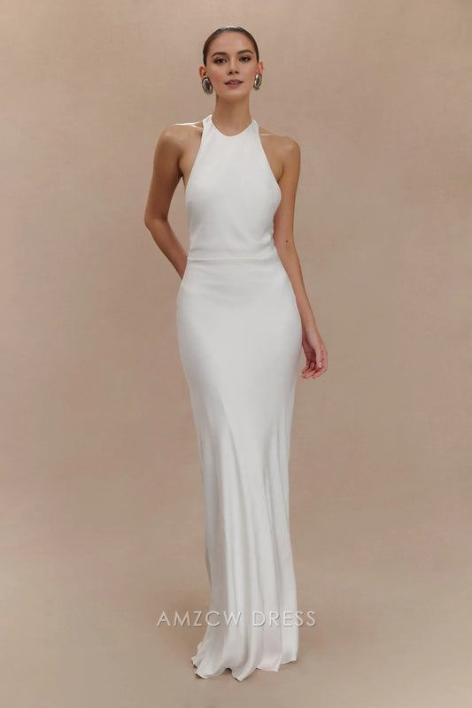 Amzcw Elegant prom clothes Satin Halter Maxi Dress - Ivory Floor Length formal hot sale for women