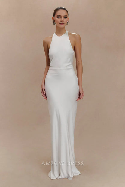 Amzcw Elegant prom clothes Satin Halter Maxi Dress - Ivory Floor Length formal hot sale for women