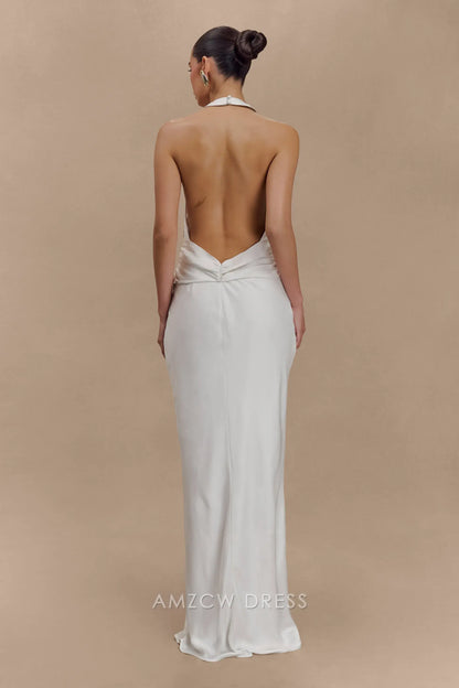 Amzcw Elegant prom clothes Satin Halter Maxi Dress - Ivory Floor Length formal hot sale for women