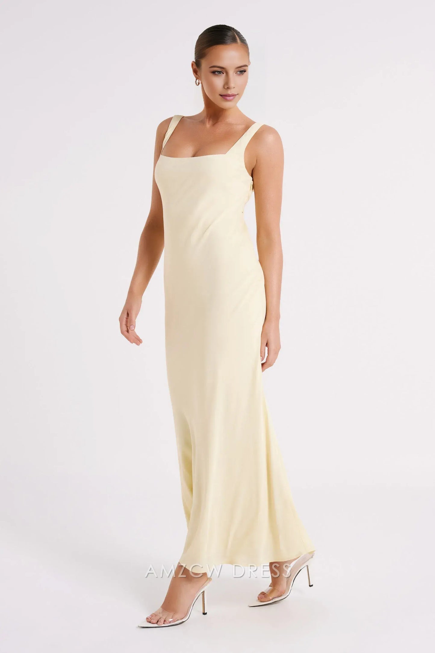 Amzcw Elegant prom clothes Satin Maxi Dress - Light Yellow Floor Length formal hot sale for women