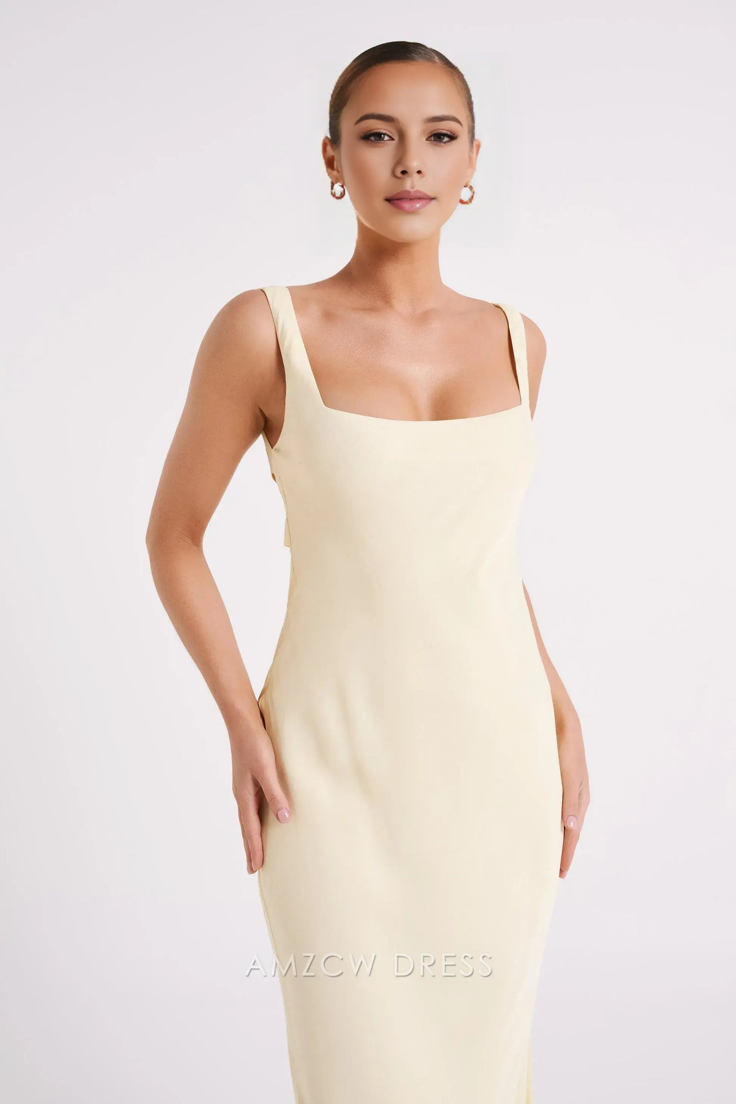 Amzcw Elegant prom clothes Satin Maxi Dress - Light Yellow Floor Length formal hot sale for women
