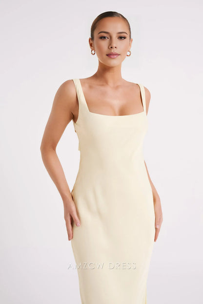 Amzcw Elegant prom clothes Satin Maxi Dress - Light Yellow Floor Length formal hot sale for women