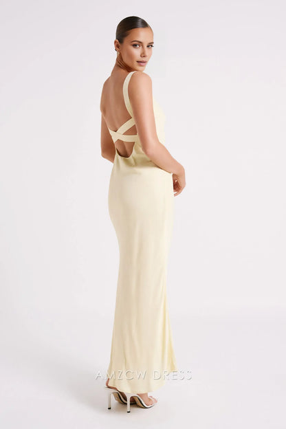 Amzcw Elegant prom clothes Satin Maxi Dress - Light Yellow Floor Length formal hot sale for women