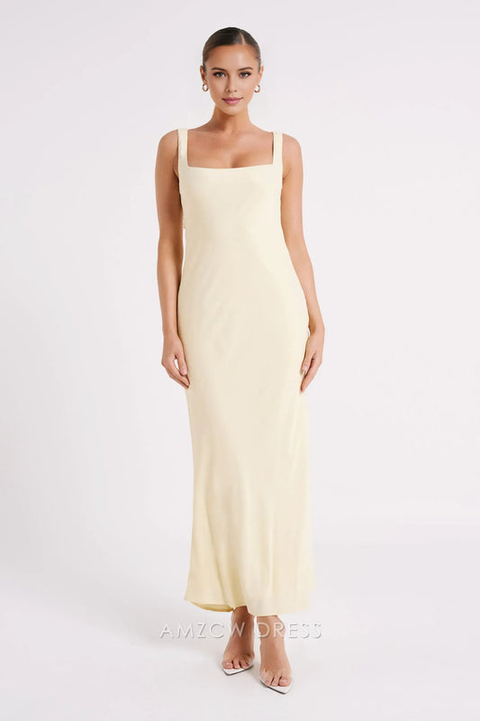 Amzcw Elegant prom clothes Satin Maxi Dress - Light Yellow Floor Length formal hot sale for women