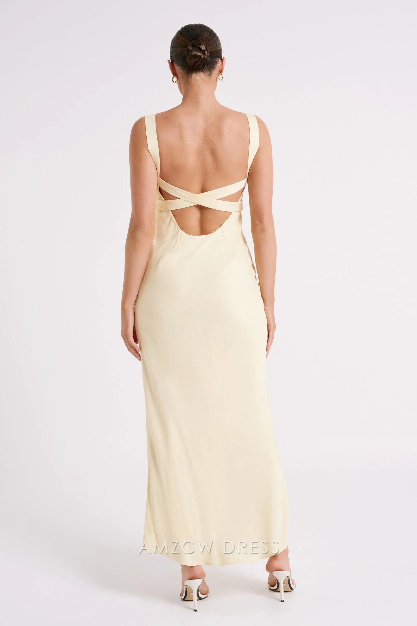 Amzcw Elegant prom clothes Satin Maxi Dress - Light Yellow Floor Length formal hot sale for women