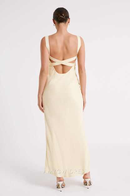 Amzcw Elegant prom clothes Satin Maxi Dress - Light Yellow Floor Length formal hot sale for women