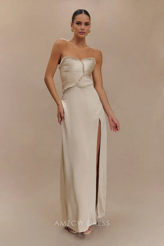 Amzcw Elegant prom clothes Satin Maxi Dress With Ruched Petals - Blush Gold Floor Length formal hot sale for women