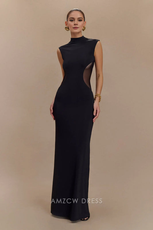 Amzcw Elegant prom clothes Slinky And Mesh Maxi Dress - Black Floor Length formal hot sale for women
