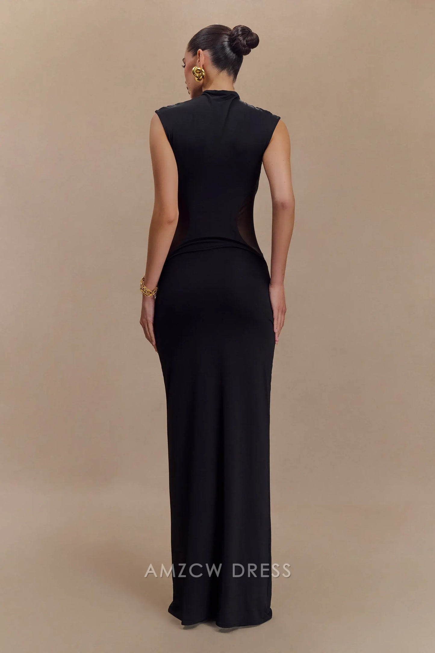 Amzcw Elegant prom clothes Slinky And Mesh Maxi Dress - Black Floor Length formal hot sale for women