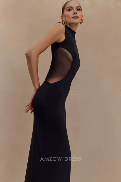 Amzcw Elegant prom clothes Slinky And Mesh Maxi Dress - Black Floor Length formal hot sale for women
