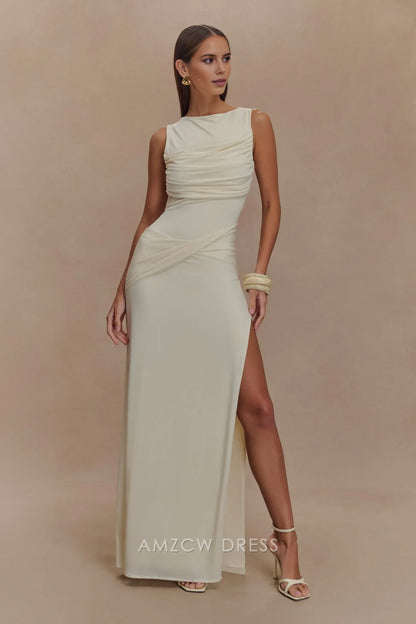 Amzcw Elegant prom clothes Slinky Drape Maxi Dress - Ivory Floor Length with slit formal hot sale for women