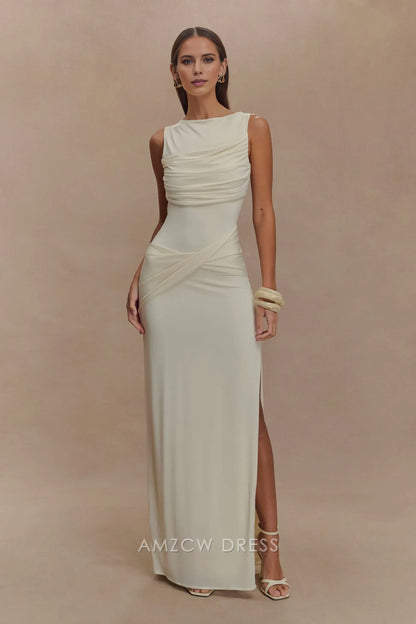 Amzcw Elegant prom clothes Slinky Drape Maxi Dress - Ivory Floor Length with slit formal hot sale for women