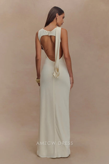 Amzcw Elegant prom clothes Slinky Drape Maxi Dress - Ivory Floor Length with slit formal hot sale for women
