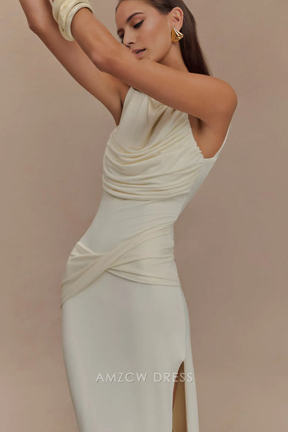 Amzcw Elegant prom clothes Slinky Drape Maxi Dress - Ivory Floor Length with slit formal hot sale for women