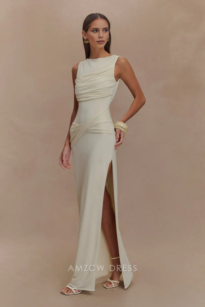 Amzcw Elegant prom clothes Slinky Drape Maxi Dress - Ivory Floor Length with slit formal hot sale for women