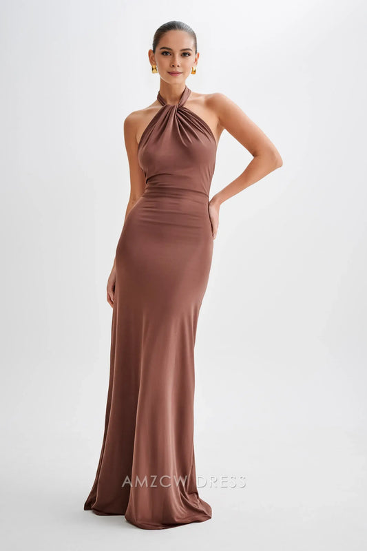 Amzcw Elegant prom clothes Slinky Halter Maxi Dress - Chocolate Floor Length formal hot sale for women