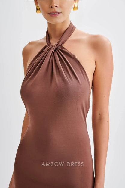 Amzcw Elegant prom clothes Slinky Halter Maxi Dress - Chocolate Floor Length formal hot sale for women