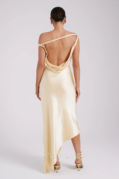 Amzcw Elegant prom clothes Slip Maxi Dress With Asymmetrical Hem - Butter backless formal hot sale for women