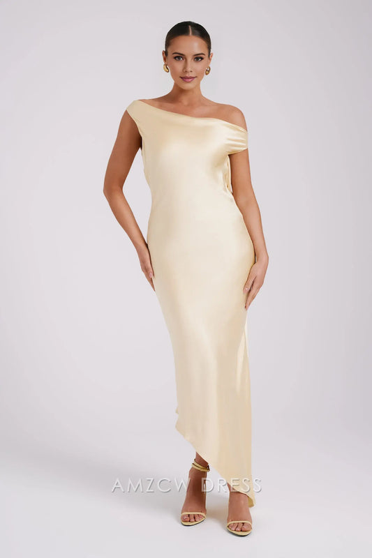 Amzcw Elegant prom clothes Slip Maxi Dress With Asymmetrical Hem - Butter backless formal hot sale for women