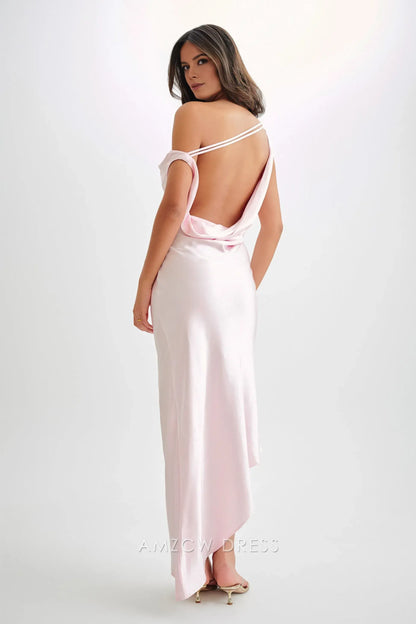 Amzcw Elegant prom clothes Slip Maxi Dress With Asymmetrical Hem - Pale Pink Floor Length formal hot sale for women