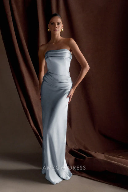 Amzcw Elegant prom clothes Strapless Satin Maxi Dress - Frosted Blue Floor Length formal hot sale for women