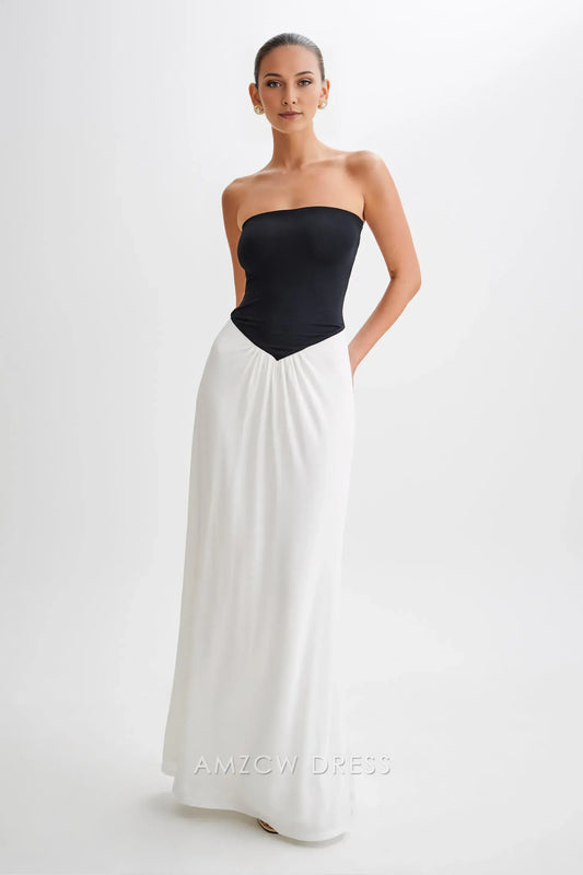Amzcw Elegant prom clothes Strapless Slinky Maxi Dress - Black/White Floor Length formal hot sale for women