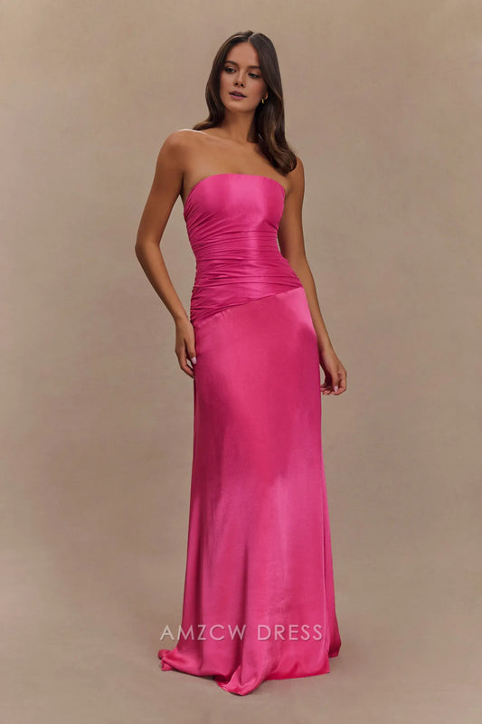 Amzcw Elegant prom clothes Strapless Taffeta Maxi Dress - Crimson Pink Floor Length formal hot sale for women