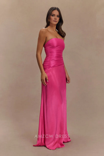 Amzcw Elegant prom clothes Strapless Taffeta Maxi Dress - Crimson Pink Floor Length formal hot sale for women