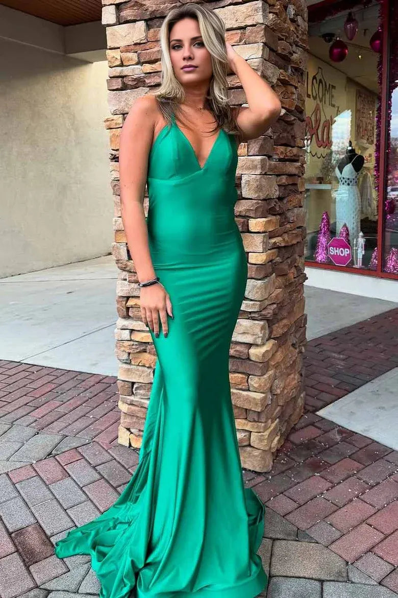 Vestido de fiesta formal largo plisado sin mangas de satén estilo sirena con escote en V verde de Amzcw