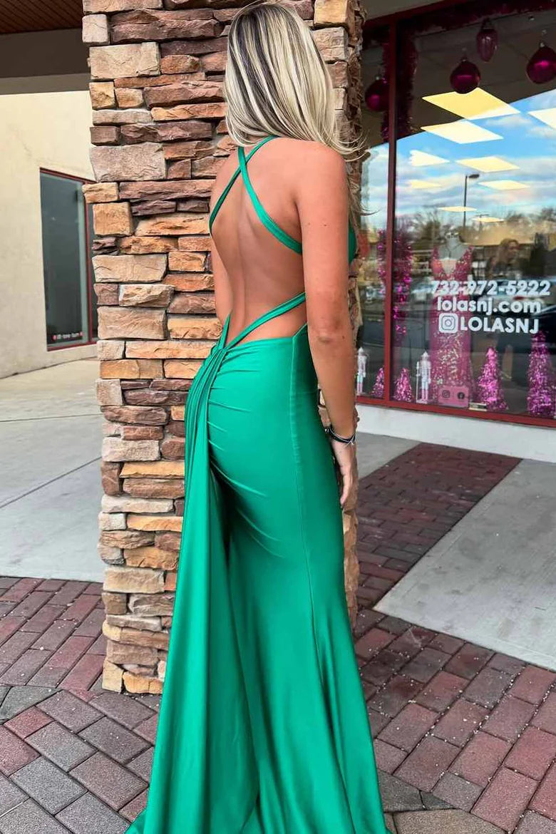 Vestido de fiesta formal largo plisado sin mangas de satén estilo sirena con escote en V verde de Amzcw