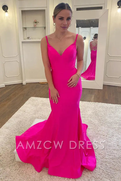 Amzcw Neon Pink V-Neck Backless Trumpet Long Formal Dress formal wear dresses