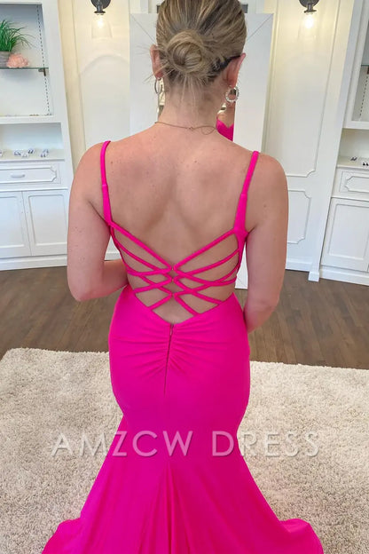 Amzcw Neon Pink V-Neck Backless Trumpet Long Formal Dress formal wear dresses