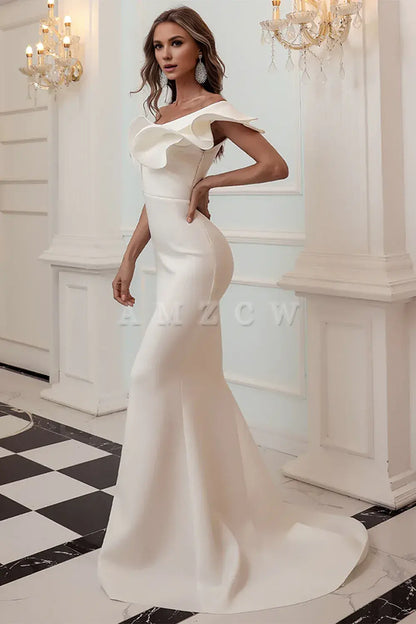 Amzcw One Shoulder Mermaid White Prom Dress gowns evening dresses prom dresses shops ﻿