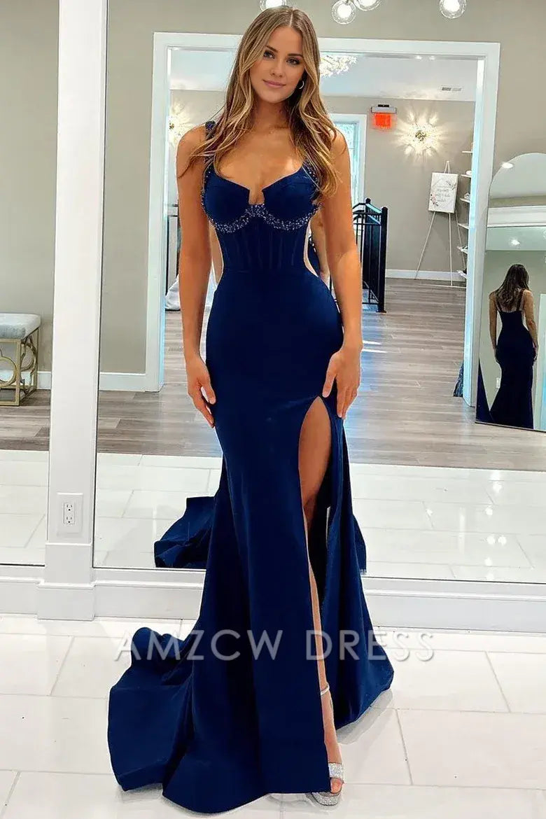 Amzcw Simple Navy Blue Beaded Corset Mermaid Long Gown with Slit