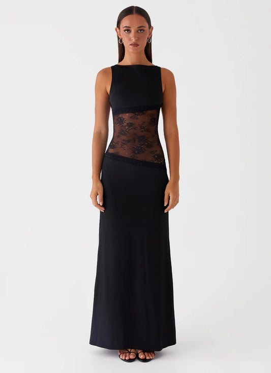 Black Lace Insert Sleeveless Backless Maxi Prom Dress Formal Evening Gown