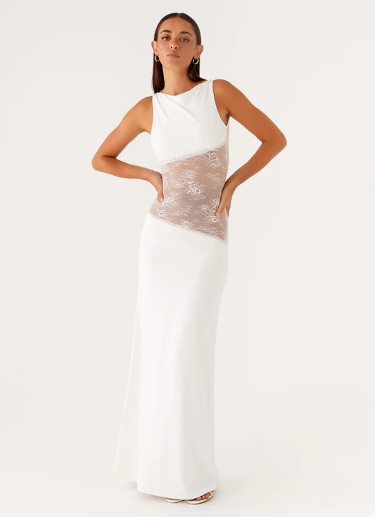 White Lace Insert Sleeveless Backless Maxi Prom Dress Formal Evening Gown