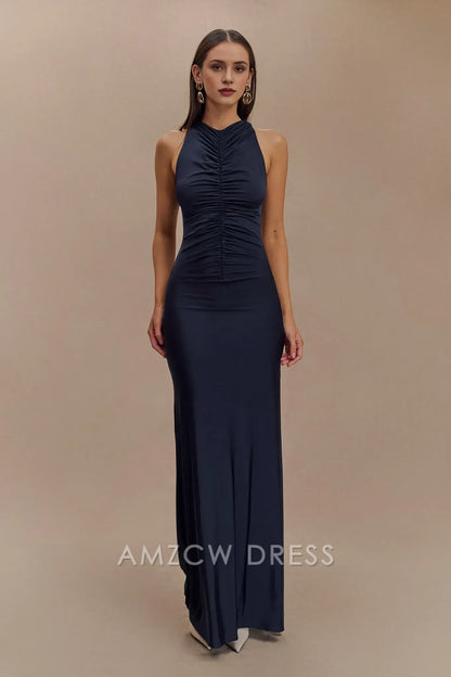 Artistic Sheath/Column High Neck Sleeveless Side Zip Floor-Length prom dress