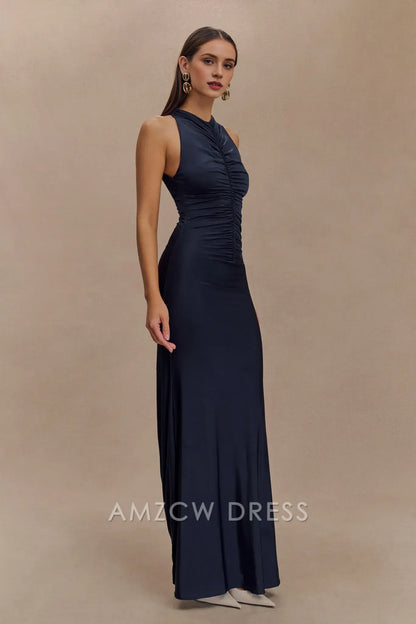 Artistic Sheath/Column High Neck Sleeveless Side Zip Floor-Length prom dress