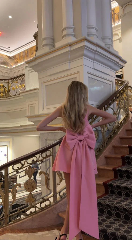 Asymmetrical Bow-Accent Spaghetti-Strap High-Low Pink Prom Dress
