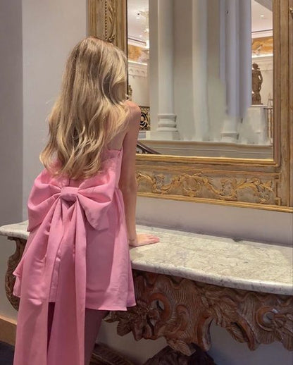 Asymmetrical Bow-Accent Spaghetti-Strap High-Low Pink Prom Dress