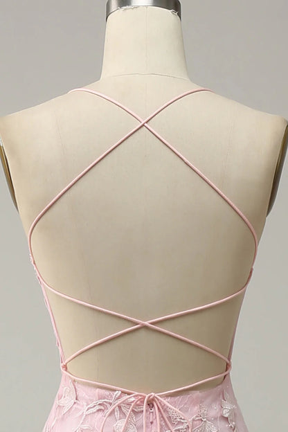 Amzcw Light Pink Mermaid Spaghetti Straps Long Prom Dress with Appliques