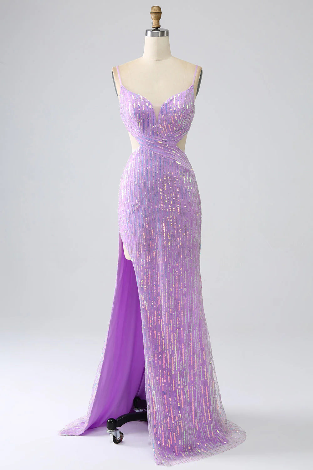 Vestido de fiesta Amzcw con lentejuelas, tirantes finos y sirena morado brillante con abertura 