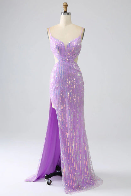 Vestido de fiesta Amzcw con lentejuelas, tirantes finos y sirena morado brillante con abertura 