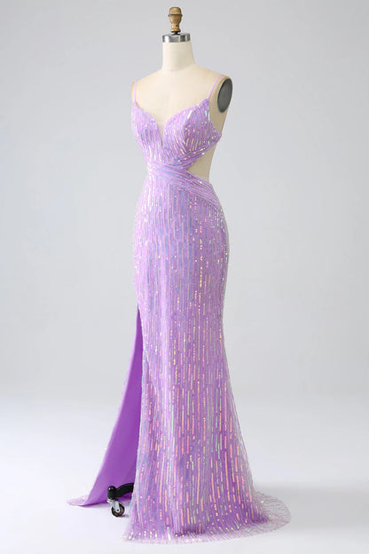 Vestido de fiesta Amzcw con lentejuelas, tirantes finos y sirena morado brillante con abertura 