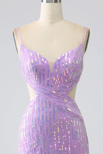 Vestido de fiesta Amzcw con lentejuelas, tirantes finos y sirena morado brillante con abertura 